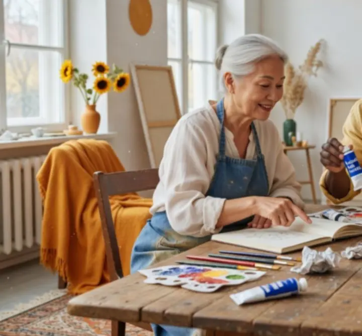 Stúdió környezetben dolgozó különböző művészek