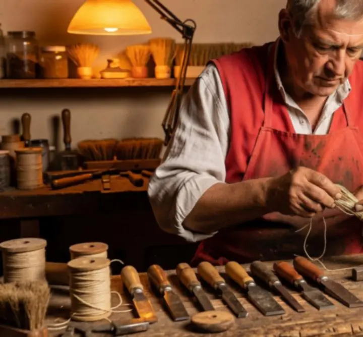 Mesteri kézműves ellenőrzi a művészeti kellékeket egy hagyományos magyar műhelyben
